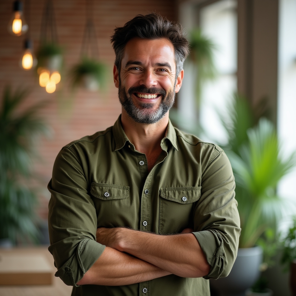 Portret al unui antreprenor invitat în podcast, într-un spațiu de lucru creativ, privind direct spre cameră