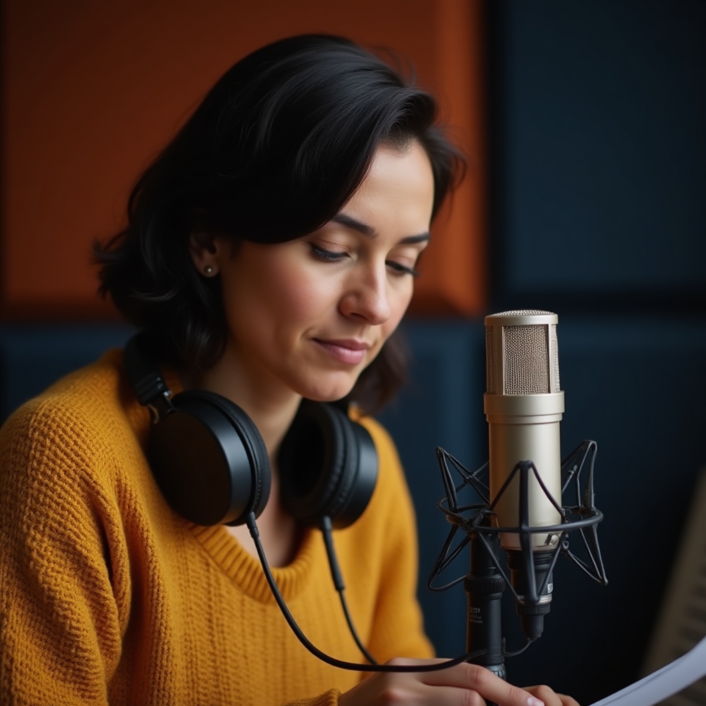 Gazda podcastului Zusima în timpul înregistrării unui episod, aplecată spre microfon, ascultând un invitat